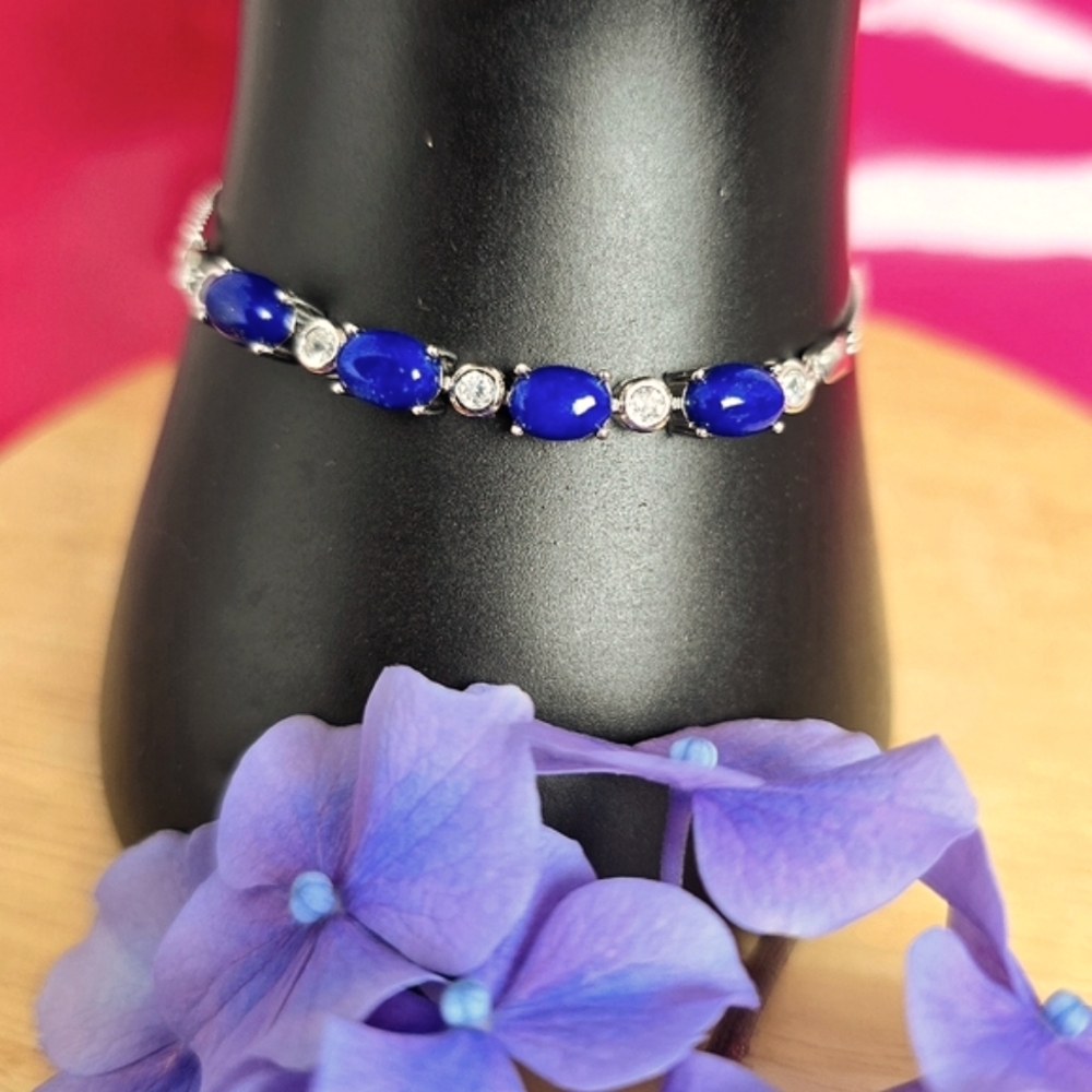 Natural Lapis Lazuli & CZ 925 Sterling Silver Bracelet